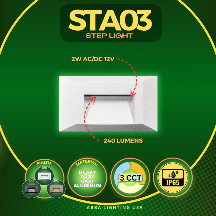 Outdoor Landscape Lighting LED 12V Low Voltage STA03 2+2+2W 3CCT 3000K/4000K/5000K 12V Low Voltage Cast Aluminum Rectangular Surface Mount LED Stair Step or Deck Light