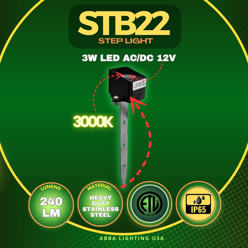 Outdoor Landscape Lighting LED 12V Low Voltage STB22 3W 3000K 240LM Cast Brass LED Mini Step Light with Stainless Steel Stake 12V Low Voltage Landscape Lighting