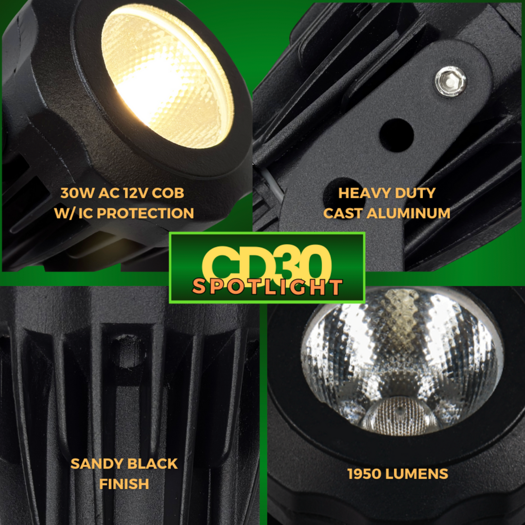 Outdoor Landscape Lighting LED 12V Low Voltage CD30 Cast Aluminum Spotlight | 30W 3000K Warm White Integrated LED AC12V Low Voltage Landscape Light