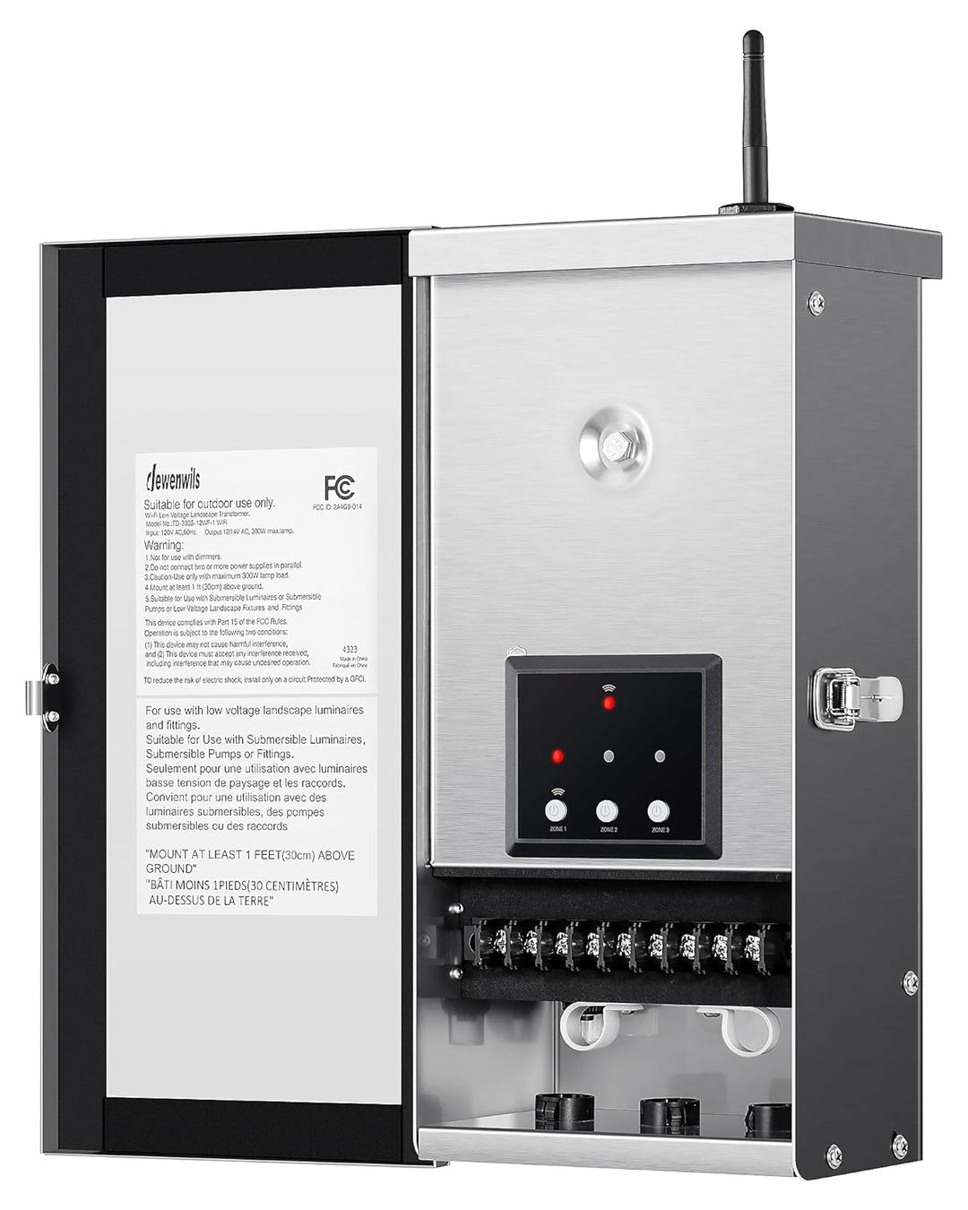 Outdoor Landscape Lighting LED 12V Low Voltage TSWZ300 300W AC 3 Zone Digital Smart Wi-Fi 2.4Ghz 12V/14V Independent Outputs, Low Voltage Stainless Steel Outdoor Transformer with Photocell & Timer