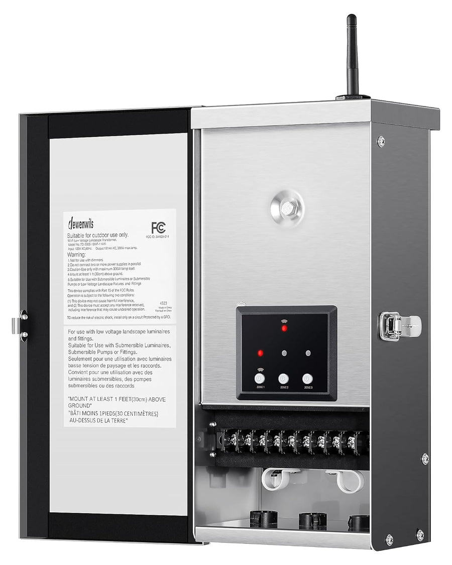 Outdoor Landscape Lighting LED 12V Low Voltage TSWZ300 300W AC 3 Zone Digital Smart Wi-Fi 2.4Ghz 12V/14V Independent Outputs, Low Voltage Stainless Steel Outdoor Transformer with Photocell & Timer