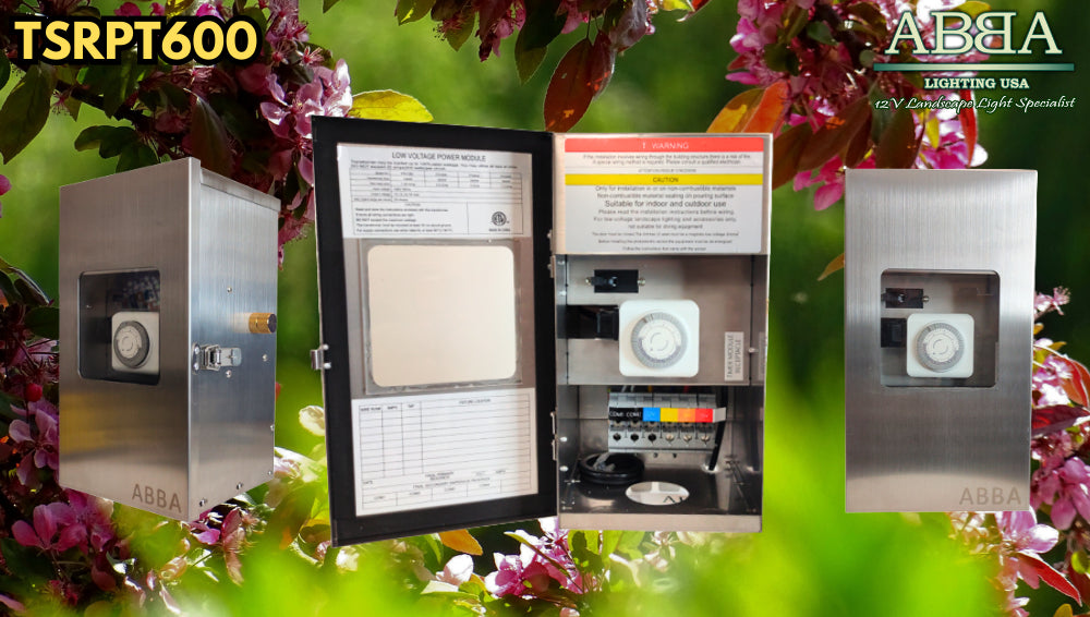Outdoor Landscape Lighting LED 12V Low Voltage TSRPT600 600W Multi Tap Low Voltage Transformer with Photocell and Manual Dial Timer IP65 Waterproof