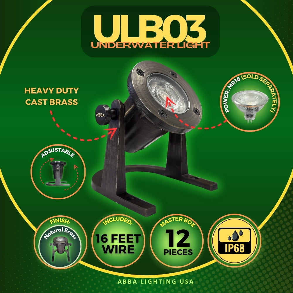 Outdoor Landscape Lighting LED 12V Low Voltage ULB01 Cast Brass Underwater Pond Light | 12V Low Voltage Landscape Light Lamp Ready MR16 Socket