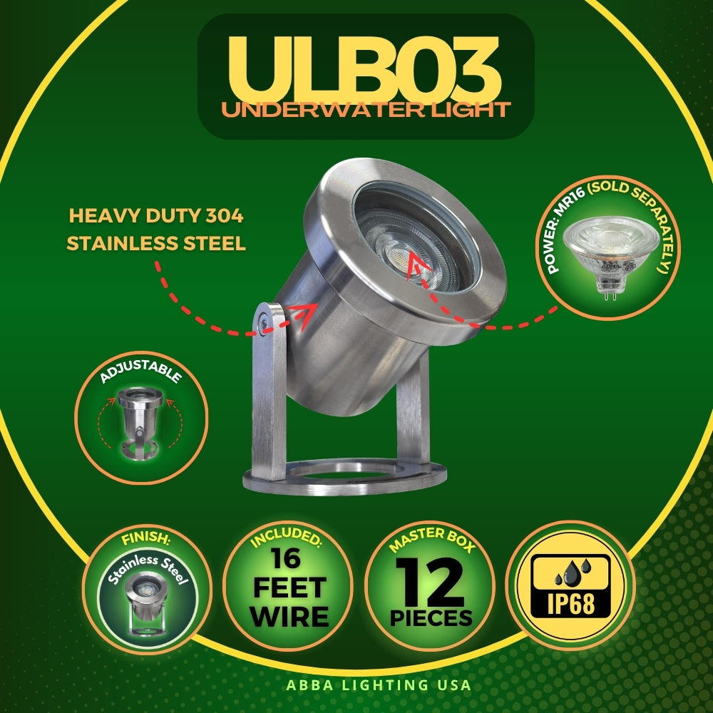 Outdoor Landscape Lighting LED 12V Low Voltage ULB03 Stainless Steel Underwater Pond Light | 12V Low Voltage Landscape Light Lamp Ready MR16 Socket