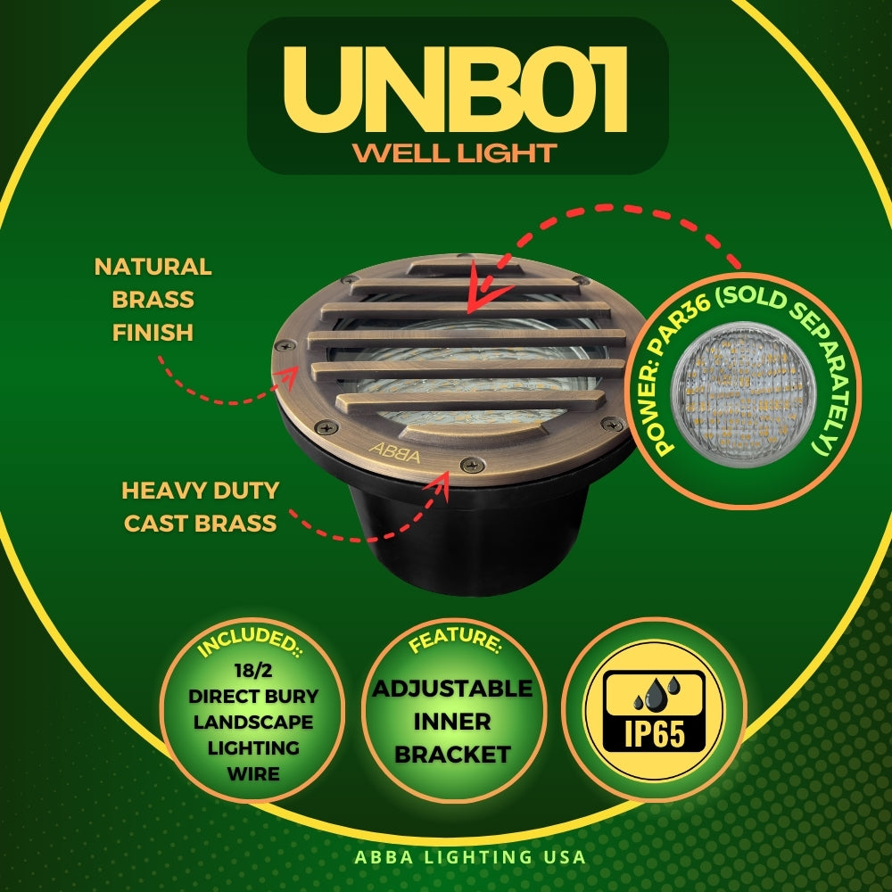 Outdoor Landscape Lighting LED 12V Low Voltage UNB01 Cast Brass In-Ground Well Light | 12V Low Voltage Landscape Light Lamp Ready PAR36 Socket