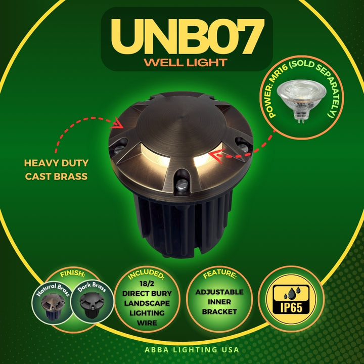 Outdoor Landscape Lighting LED 12V Low Voltage UNB07 Cast Brass In-Ground Well Light | 12V Low Voltage Landscape Light Lamp Ready MR16 Socket