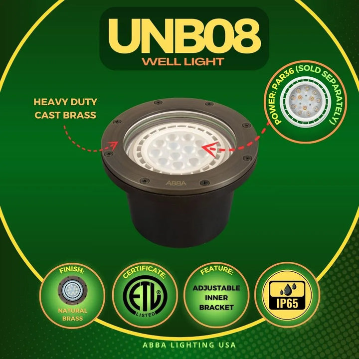 Outdoor Landscape Lighting LED 12V Low Voltage UNB08 Cast Brass In-Ground Well Light | 12V Low Voltage Landscape Light Lamp Ready PAR36 Socket