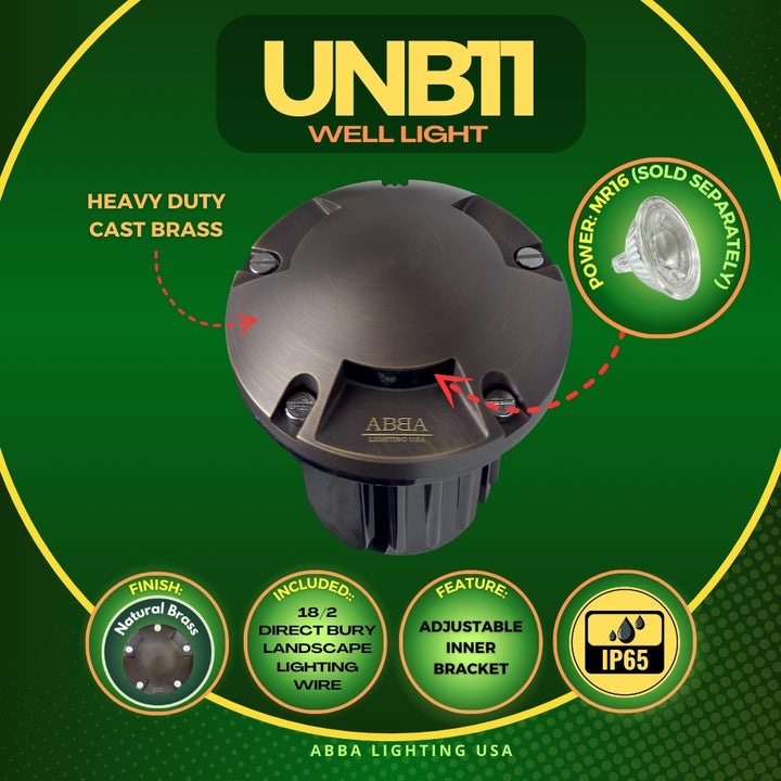 Outdoor Landscape Lighting LED 12V Low Voltage UNB11 Cast Brass In-Ground Well Light | 12V Low Voltage Landscape Light Lamp Ready MR16 Socket