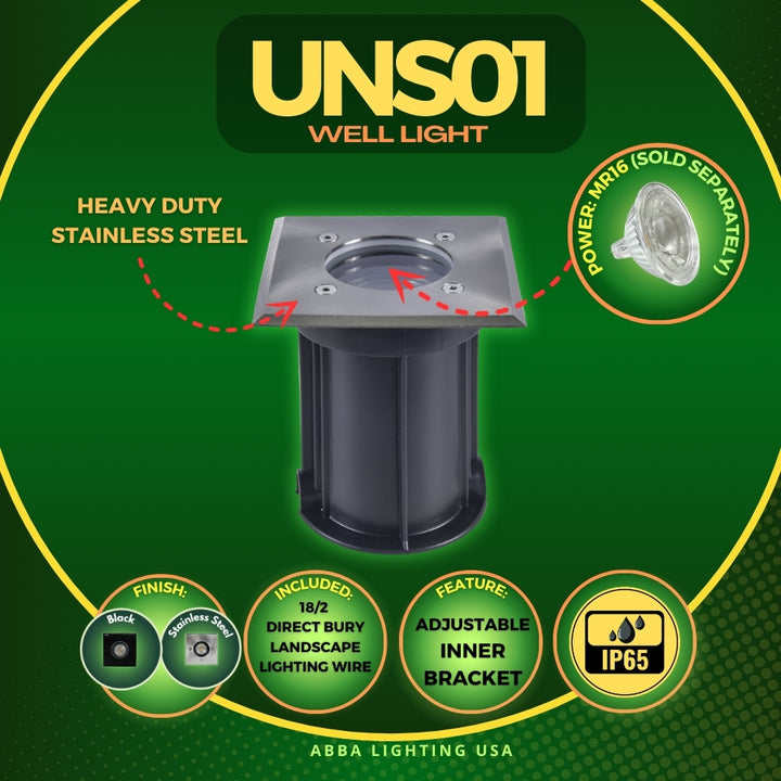 Outdoor Landscape Lighting LED 12V Low Voltage UNS01 Stainless Steel In-Ground Well Light | 12V Low Voltage Landscape Light Lamp Ready MR16 Socket