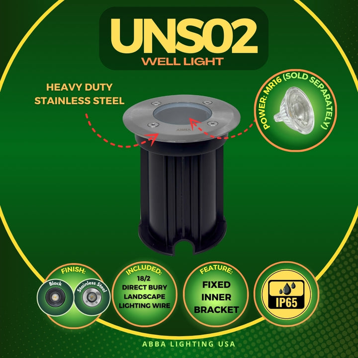 Outdoor Landscape Lighting LED 12V Low Voltage UNS02 Stainless Steel In-Ground Well Light | 12V Low Voltage Landscape Light Lamp Ready MR16 Socket