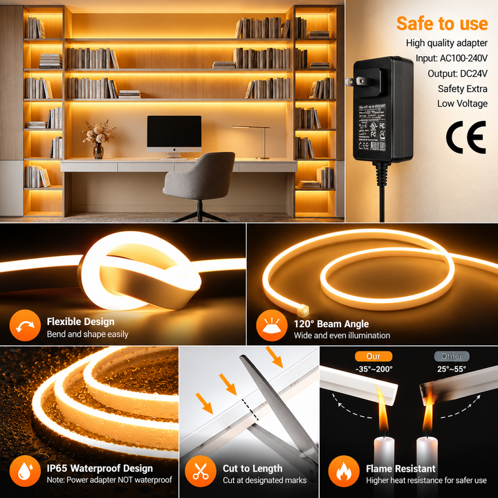 Outdoor Landscape Lighting LED 12V Low Voltage SLN05 Dotless Neon LED Strip Light 3000K/6000K DC24V IP65 Outdoor Rated Dimmable Low Voltage Silicone Strip Light with Mounting Clip, Screws, End Cap and Power Adapter