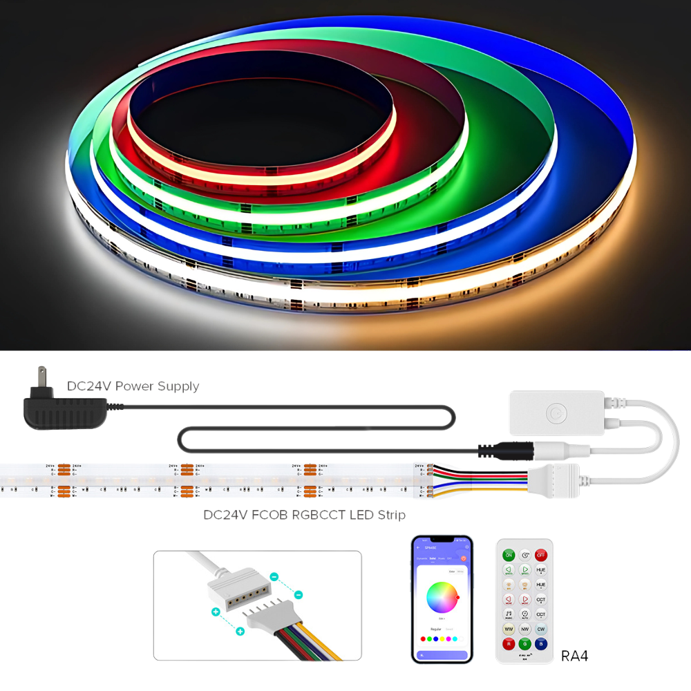 Outdoor Landscape Lighting LED 12V Low Voltage SLD19 Dotless Linear LED RGB+CCT 3000K-6000K COB 3.35W/ft per 12V and 4.77W/ft for 24V Strip Lights IP30/IP66 Low Voltage 12mm DC12V/DC24V Tape Light with Power Adapter Kit Available DC24V (16.4ft) with Power and Remote Kit (840LED m) - IP30