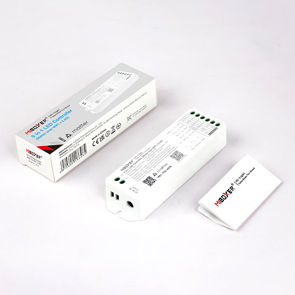 Outdoor Landscape Lighting LED 12V Low Voltage Miboxer ML5 Matter over Wi-Fi LED Strip Light 5 in 1 Controller for Single-Color, CCT, RGB, RGBW, RGBCCT Strip Lights, Smartphone APP Control and Voice Command