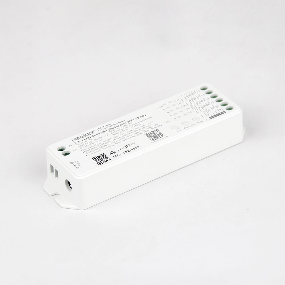 Outdoor Landscape Lighting LED 12V Low Voltage Miboxer ML5 Matter over Wi-Fi LED Strip Light 5 in 1 Controller for Single-Color, CCT, RGB, RGBW, RGBCCT Strip Lights, Smartphone APP Control and Voice Command
