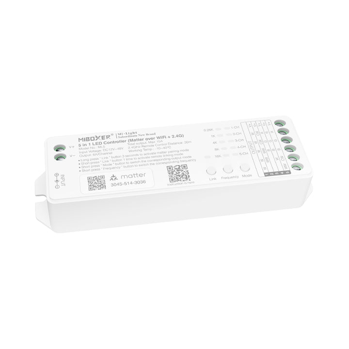 Outdoor Landscape Lighting LED 12V Low Voltage Miboxer ML5 Matter over Wi-Fi LED Strip Light 5 in 1 Controller for Single-Color, CCT, RGB, RGBW, RGBCCT Strip Lights, Smartphone APP Control and Voice Command