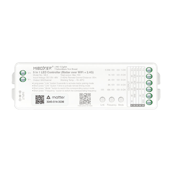 Outdoor Landscape Lighting LED 12V Low Voltage Miboxer ML5 Matter over Wi-Fi LED Strip Light 5 in 1 Controller for Single-Color, CCT, RGB, RGBW, RGBCCT Strip Lights, Smartphone APP Control and Voice Command