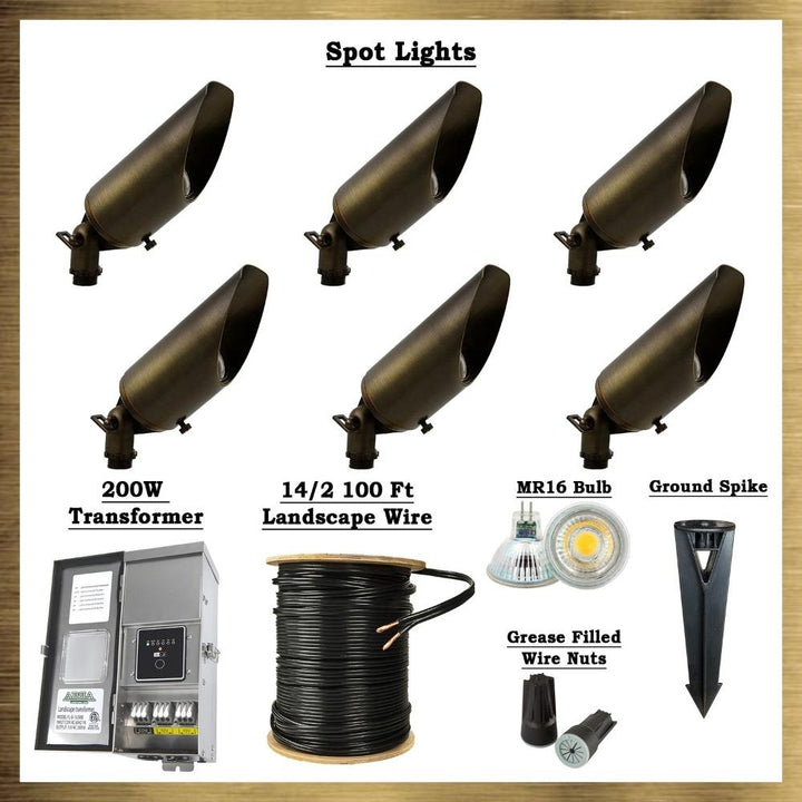 Outdoor Landscape Lighting LED 12V Low Voltage Brass LED Spotlight: 6x Brass Spotlights, All Necessary Components Included Haven 2