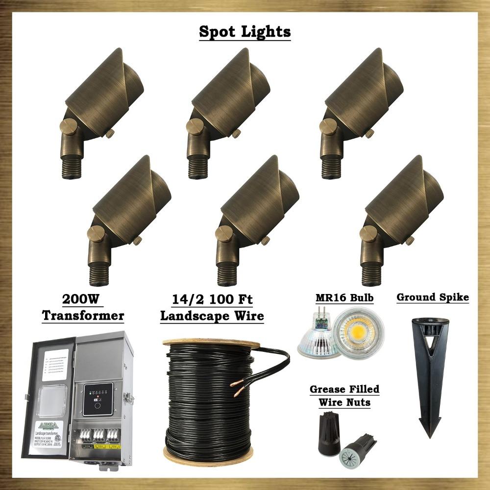 Outdoor Landscape Lighting LED 12V Low Voltage Brass LED Spotlight: 6x Brass Spotlights, All Necessary Components Included Haven 3