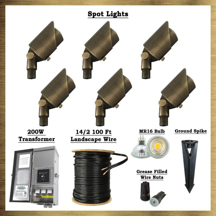 Outdoor Landscape Lighting LED 12V Low Voltage Brass LED Spotlight: 6x Brass Spotlights, All Necessary Components Included Haven 3