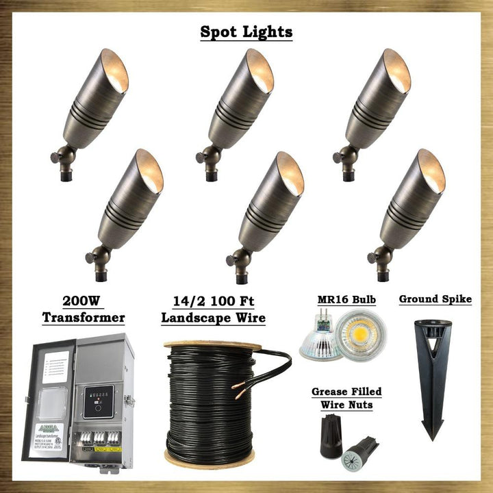 Outdoor Landscape Lighting LED 12V Low Voltage Brass LED Spotlight: 6x Brass Spotlights, All Necessary Components Included Haven 4