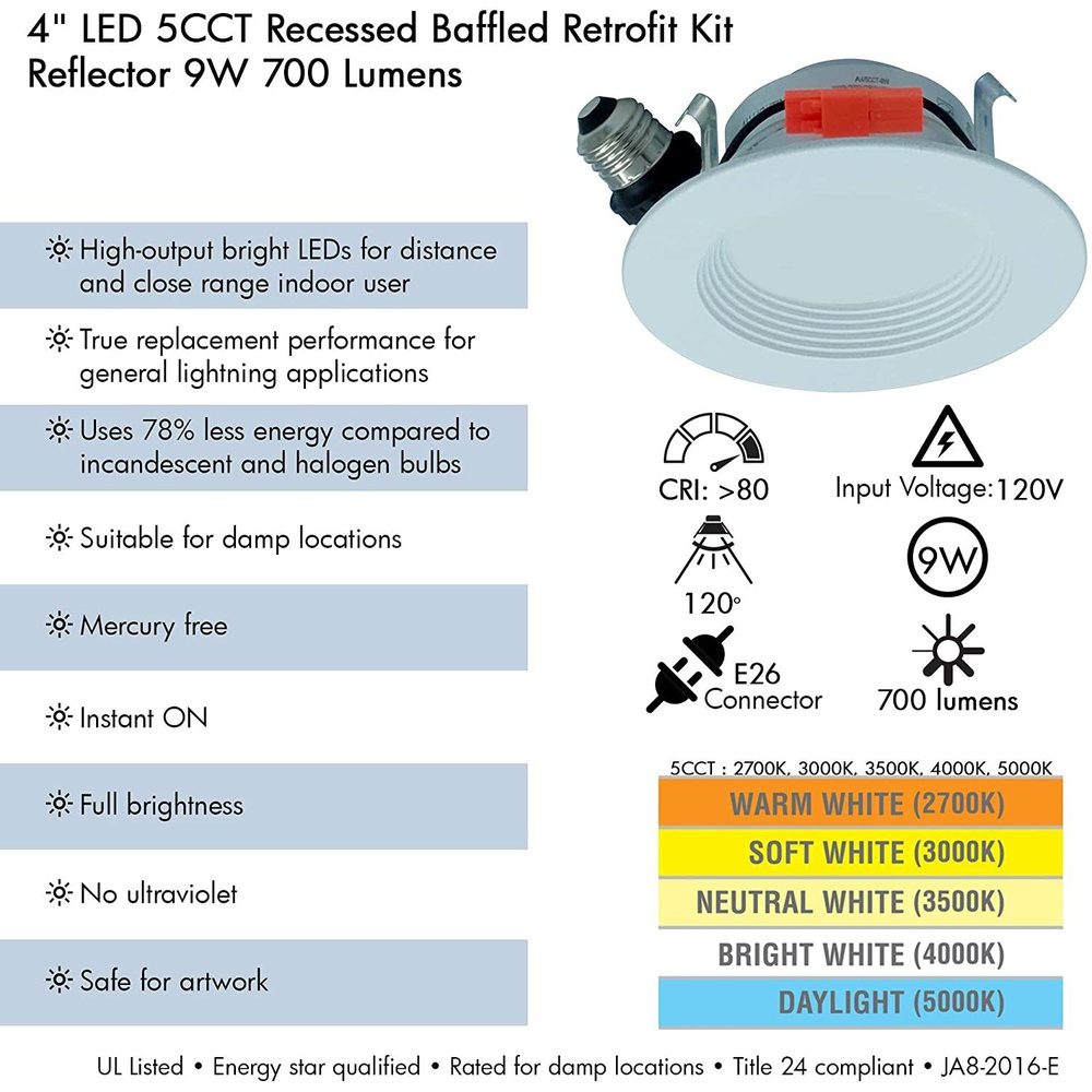 Outdoor Landscape Lighting LED 12V Low Voltage AH Lighting 4" LED Selectable 5CCT 9W Recessed Baffled Retrofit Kit Reflector