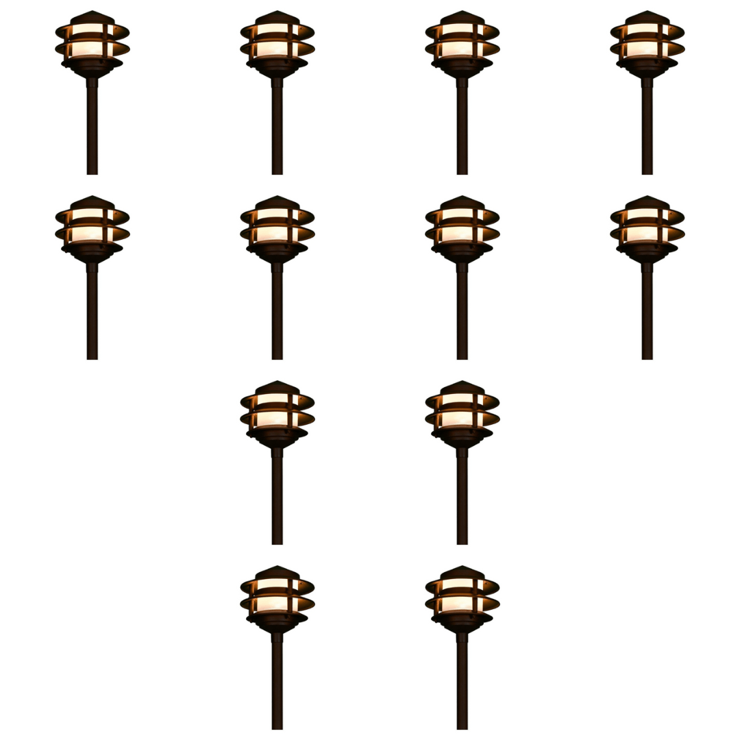 Outdoor Landscape Lighting LED 12V Low Voltage CDPA52 4x/8x/12x Package 3W 12V AC/DC 3000K Warm White Integrated LED Aluminum Low Voltage Landscape Lighting 3 Tier Pagoda Path Light 12 Pack