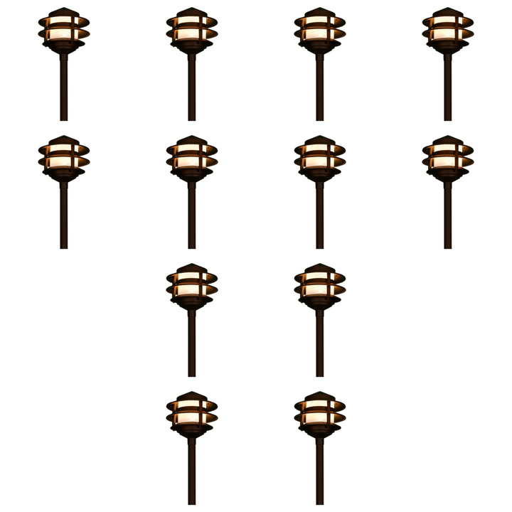 Outdoor Landscape Lighting LED 12V Low Voltage CDPA52 4x/8x/12x Package 3W 12V AC/DC 3000K Warm White Integrated LED Aluminum Low Voltage Landscape Lighting 3 Tier Pagoda Path Light 12 Pack