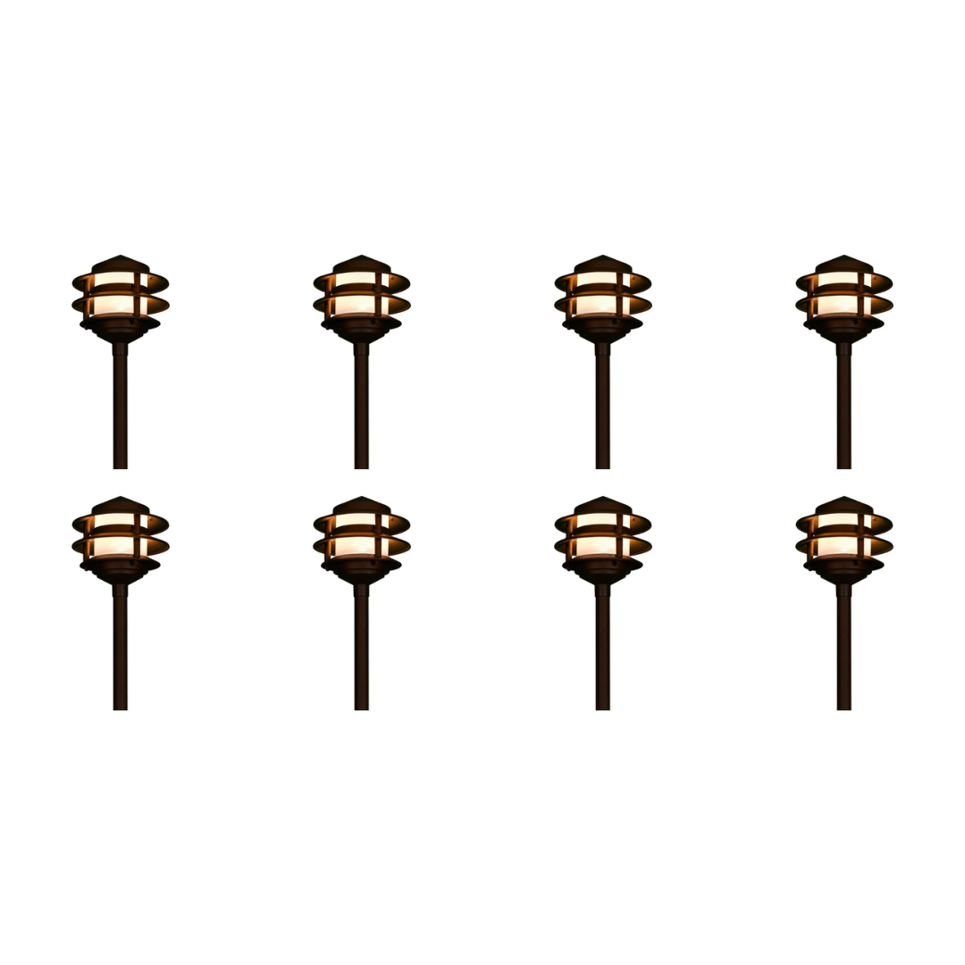 Outdoor Landscape Lighting LED 12V Low Voltage CDPA52 4x/8x/12x Package 3W 12V AC/DC 3000K Warm White Integrated LED Aluminum Low Voltage Landscape Lighting 3 Tier Pagoda Path Light 8 Pack