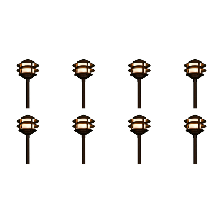 Outdoor Landscape Lighting LED 12V Low Voltage CDPA52 4x/8x/12x Package 3W 12V AC/DC 3000K Warm White Integrated LED Aluminum Low Voltage Landscape Lighting 3 Tier Pagoda Path Light 8 Pack