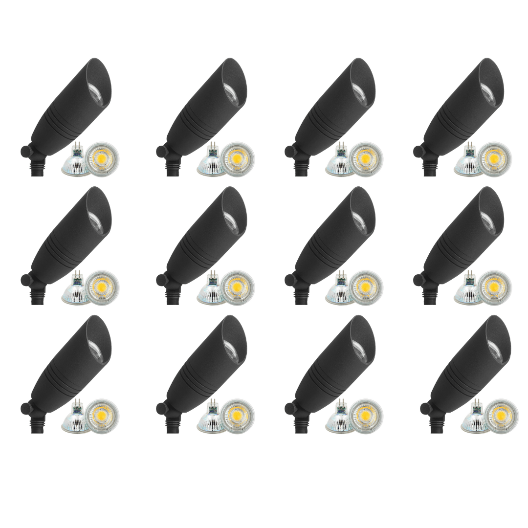 Outdoor Landscape Lighting LED 12V Low Voltage DL05 4x/8x/12x Package Low Voltage LED Smooth Bullet Directional Outdoor Aluminum Spotlight with MR16 5W 3000K Bulb 12 Pack Black