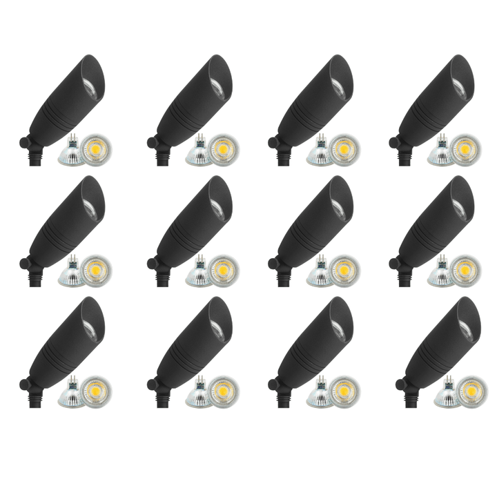Outdoor Landscape Lighting LED 12V Low Voltage DL05 4x/8x/12x Package Low Voltage LED Smooth Bullet Directional Outdoor Aluminum Spotlight with MR16 5W 3000K Bulb 12 Pack Black