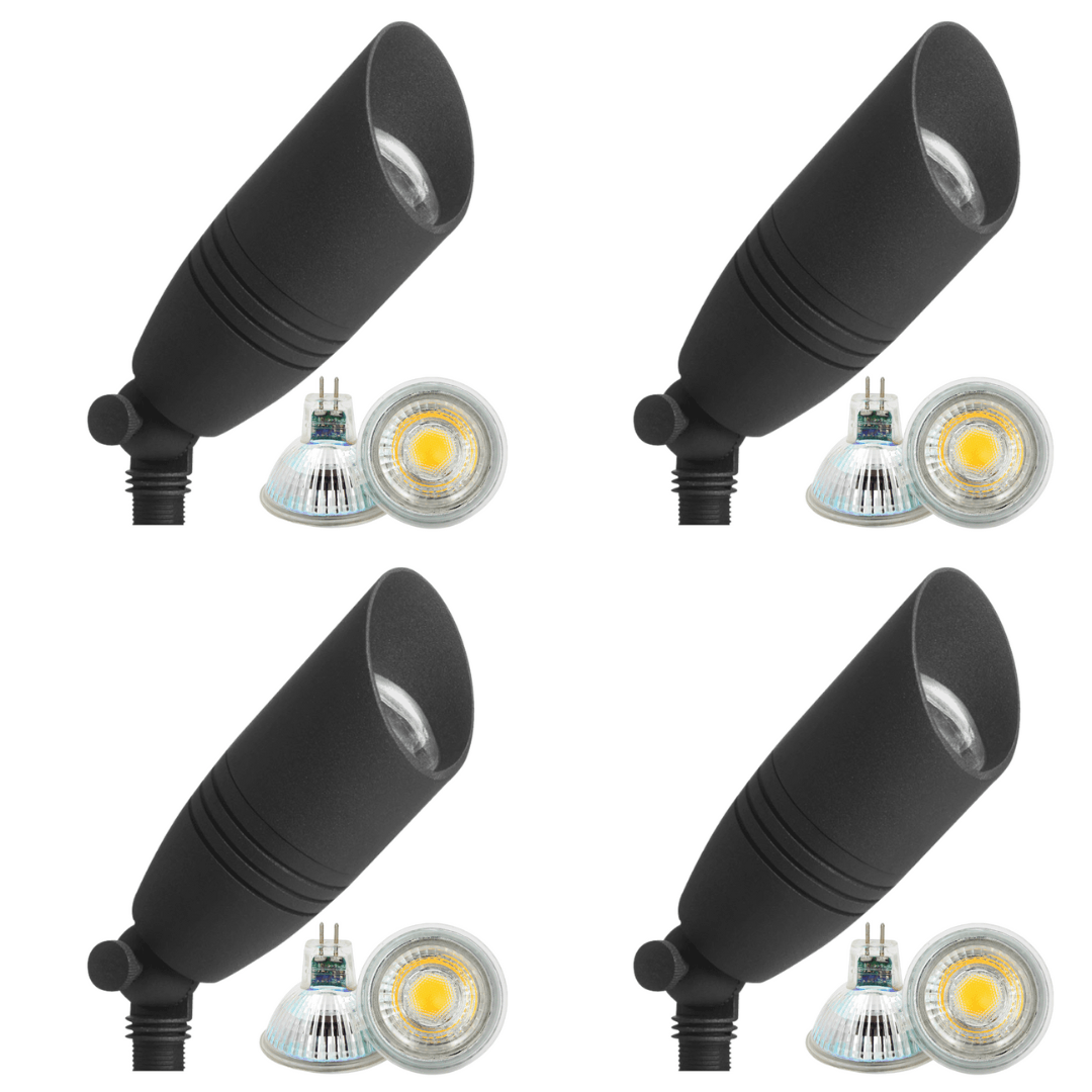 Outdoor Landscape Lighting LED 12V Low Voltage DL05 4x/8x/12x Package Low Voltage LED Smooth Bullet Directional Outdoor Aluminum Spotlight with MR16 5W 3000K Bulb 4 Pack Black