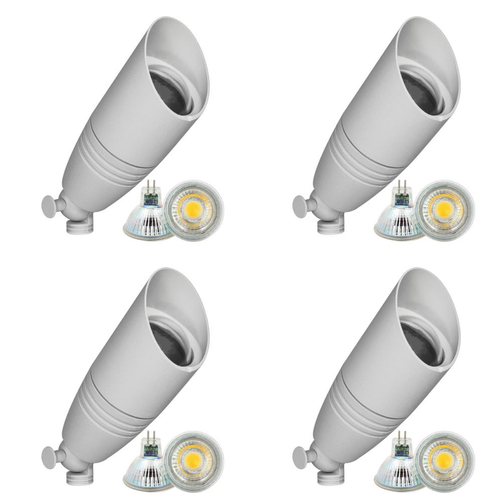 Outdoor Landscape Lighting LED 12V Low Voltage DL05 4x/8x/12x Package Low Voltage LED Smooth Bullet Directional Outdoor Aluminum Spotlight with MR16 5W 3000K Bulb 4 Pack White