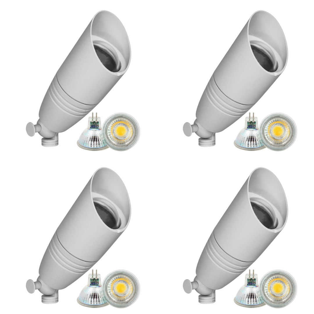 Outdoor Landscape Lighting LED 12V Low Voltage DL05 4x/8x/12x Package Low Voltage LED Smooth Bullet Directional Outdoor Aluminum Spotlight with MR16 5W 3000K Bulb 4 Pack White