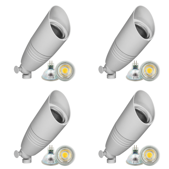 Outdoor Landscape Lighting LED 12V Low Voltage DL05 4x/8x/12x Package Low Voltage LED Smooth Bullet Directional Outdoor Aluminum Spotlight with MR16 5W 3000K Bulb 4 Pack White