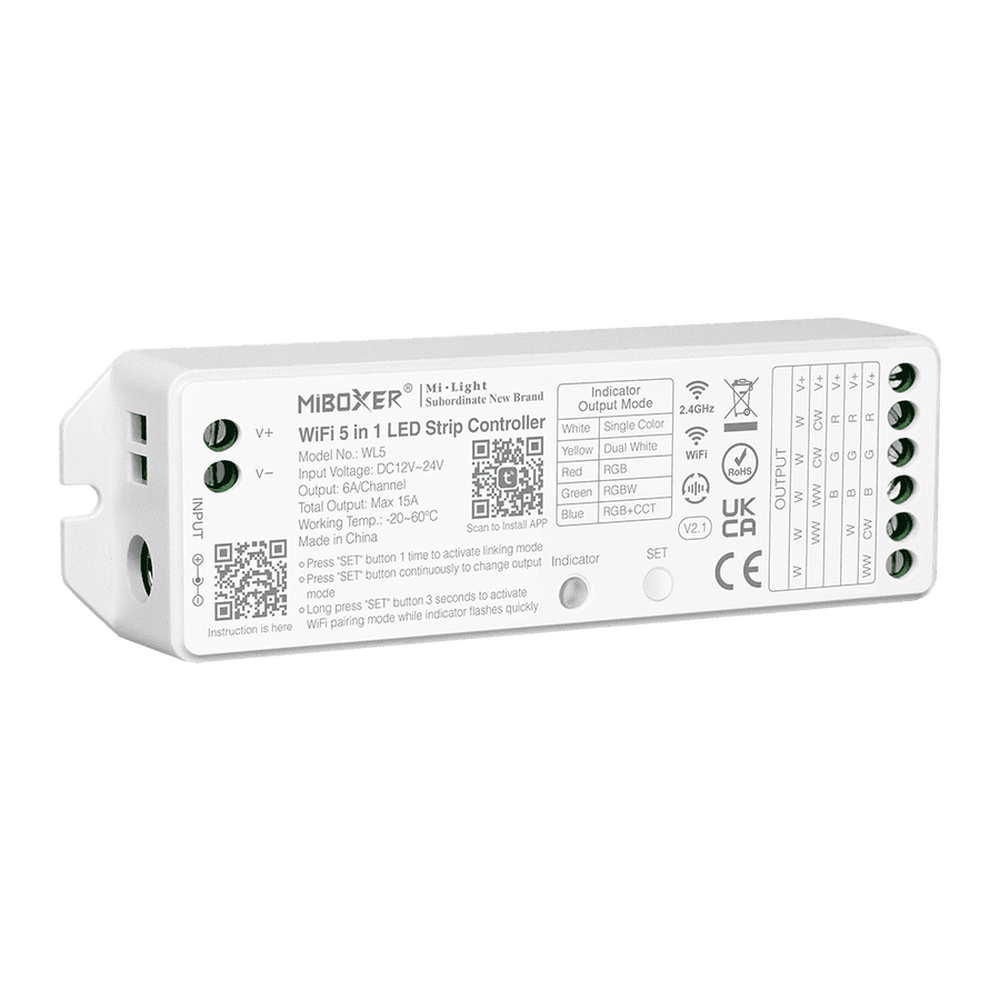 Outdoor Landscape Lighting LED 12V Low Voltage Miboxer WL5 LED Strip Light 5 in 1 Controller for 5050 3528 2835, Smartphone APP Control