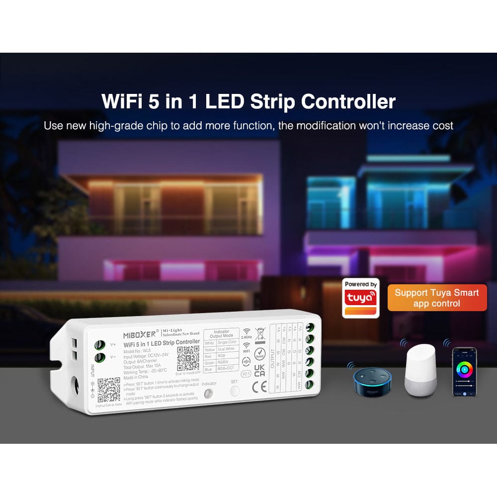 Outdoor Landscape Lighting LED 12V Low Voltage Miboxer WL5 LED Strip Light 5 in 1 Controller for 5050 3528 2835, Smartphone APP Control