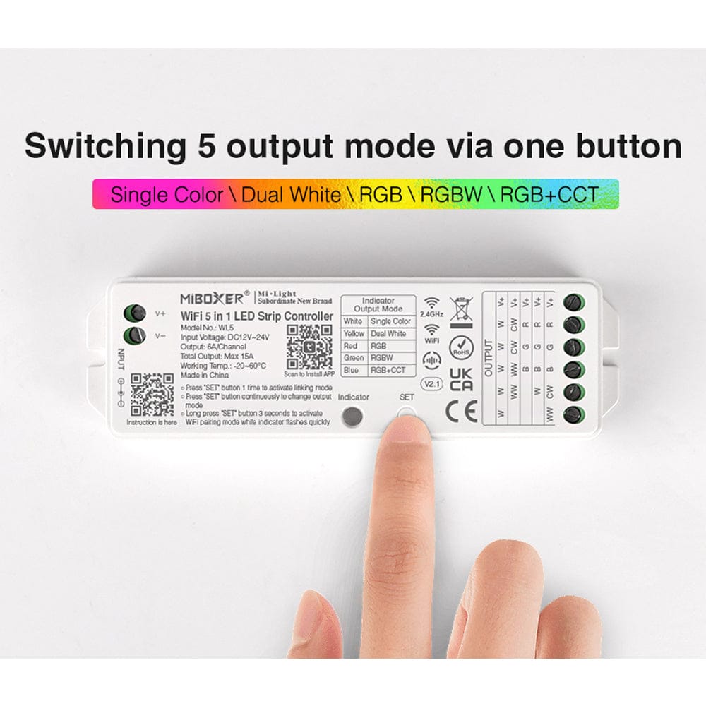 Outdoor Landscape Lighting LED 12V Low Voltage Miboxer WL5 LED Strip Light 5 in 1 Controller for 5050 3528 2835, Smartphone APP Control