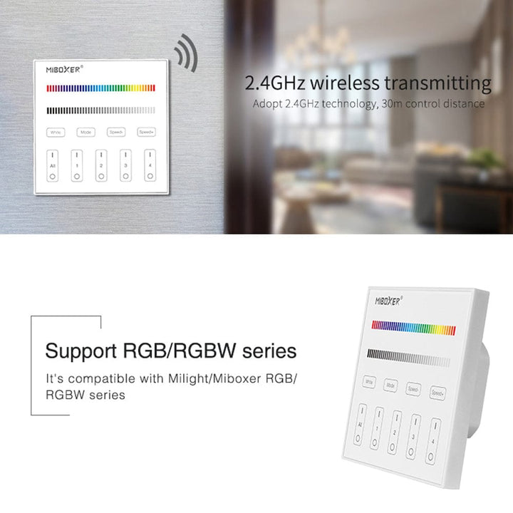 Outdoor Landscape Lighting LED 12V Low Voltage MiBoxer RGB/RGBW Wall Mounted Smart Panel Wireless Remote 4 Zones 2.4G RF Compatible with Miboxer WL5, FUT039, FUT045, FUT039W, FUT039S, LS2 Controllers