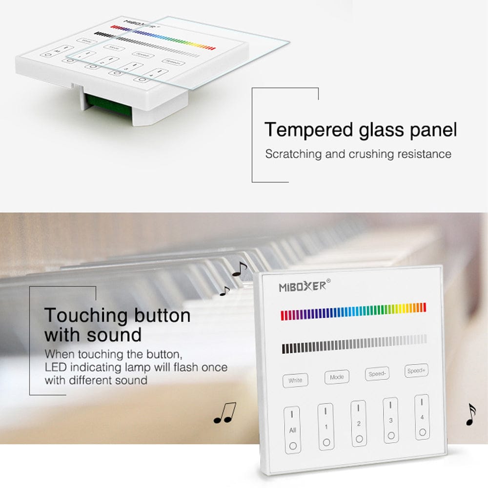 Outdoor Landscape Lighting LED 12V Low Voltage MiBoxer RGB/RGBW Wall Mounted Smart Panel Wireless Remote 4 Zones 2.4G RF Compatible with Miboxer WL5, FUT039, FUT045, FUT039W, FUT039S, LS2 Controllers