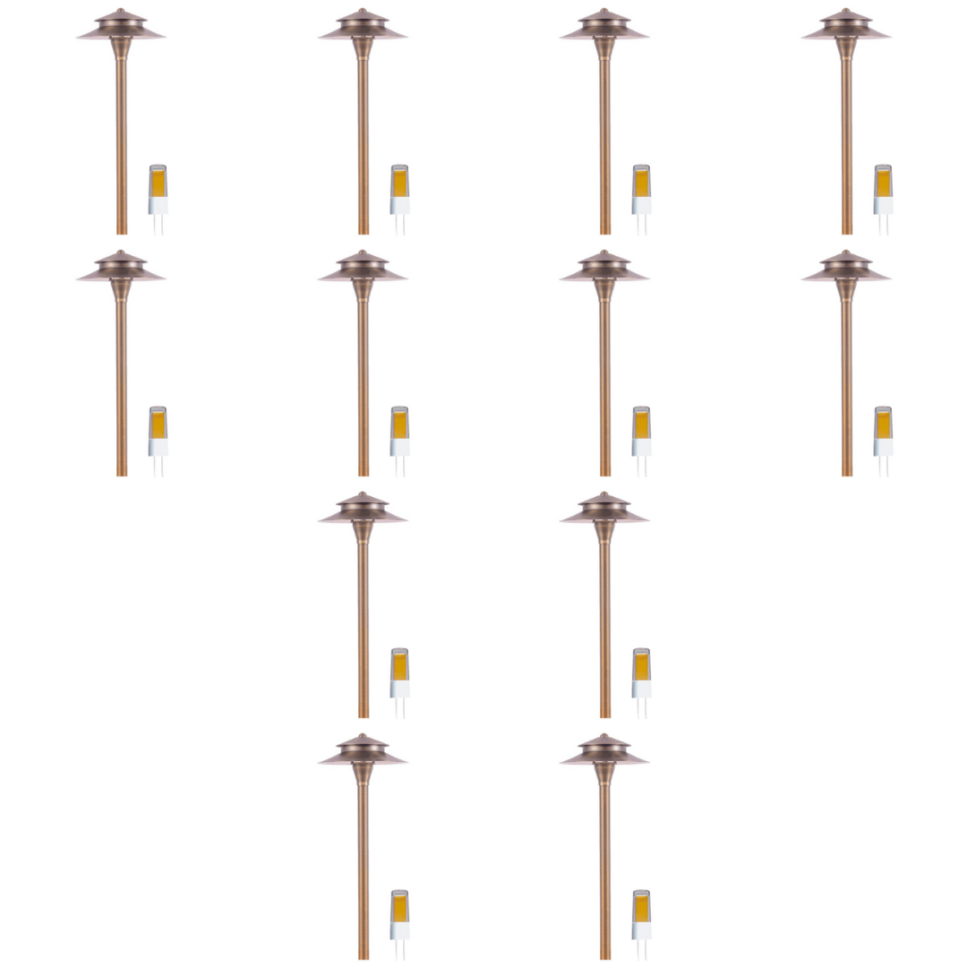 Outdoor Landscape Lighting LED 12V Low Voltage PLB04 4x/8x/12x Package Two Tier Brass LED Pagoda 12V Low Voltage Pathway Light with G4 3W 3000K Bulb 12 Pack