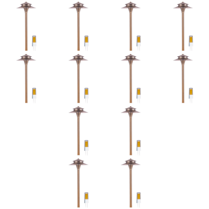 Outdoor Landscape Lighting LED 12V Low Voltage PLB04 4x/8x/12x Package Two Tier Brass LED Pagoda 12V Low Voltage Pathway Light with G4 3W 3000K Bulb 12 Pack