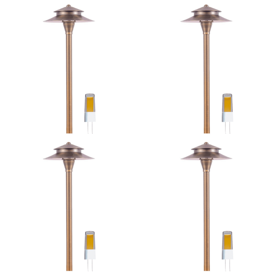 Outdoor Landscape Lighting LED 12V Low Voltage PLB04 4x/8x/12x Package Two Tier Brass LED Pagoda 12V Low Voltage Pathway Light with G4 3W 3000K Bulb 4 pack