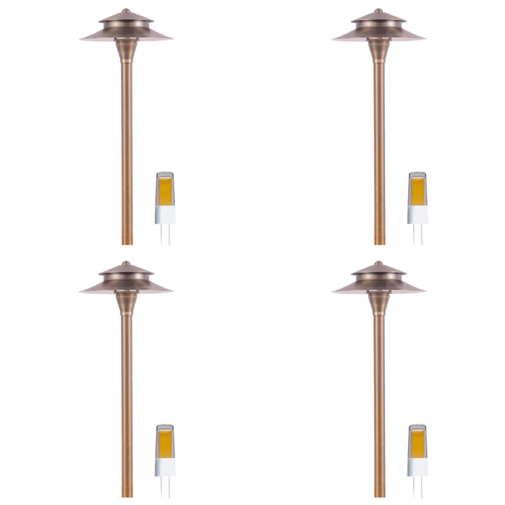 Outdoor Landscape Lighting LED 12V Low Voltage PLB04 4x/8x/12x Package Two Tier Brass LED Pagoda 12V Low Voltage Pathway Light with G4 3W 3000K Bulb 4 pack