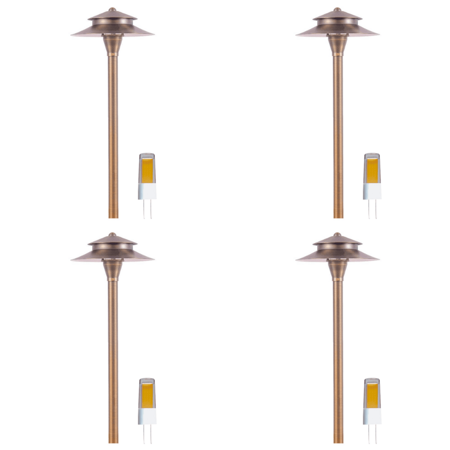 Outdoor Landscape Lighting LED 12V Low Voltage PLB04 4x/8x/12x Package Two Tier Brass LED Pagoda 12V Low Voltage Pathway Light with G4 3W 3000K Bulb 4 pack