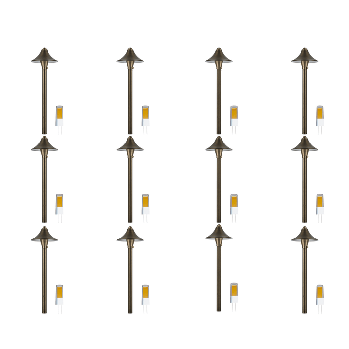 Outdoor Landscape Lighting LED 12V Low Voltage PLB09 4x/8x/12x Package Brass LED Cone 12V Low Voltage Pathway Outdoor Landscape Lighting Fixture with G4 3W 3000K Bulb 12 pack