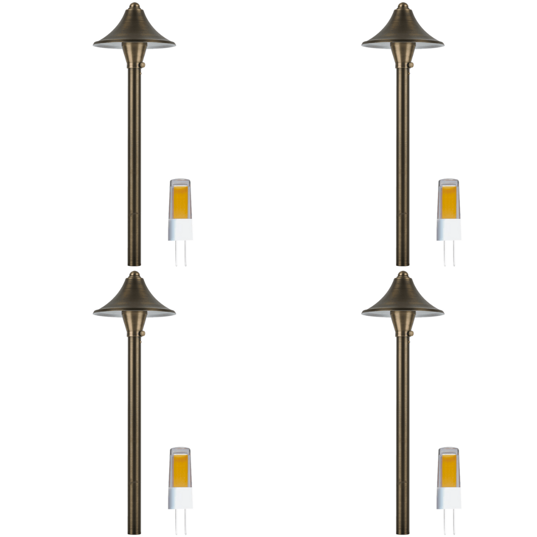 Outdoor Landscape Lighting LED 12V Low Voltage PLB09 4x/8x/12x Package Brass LED Cone 12V Low Voltage Pathway Outdoor Landscape Lighting Fixture with G4 3W 3000K Bulb 4 Pack