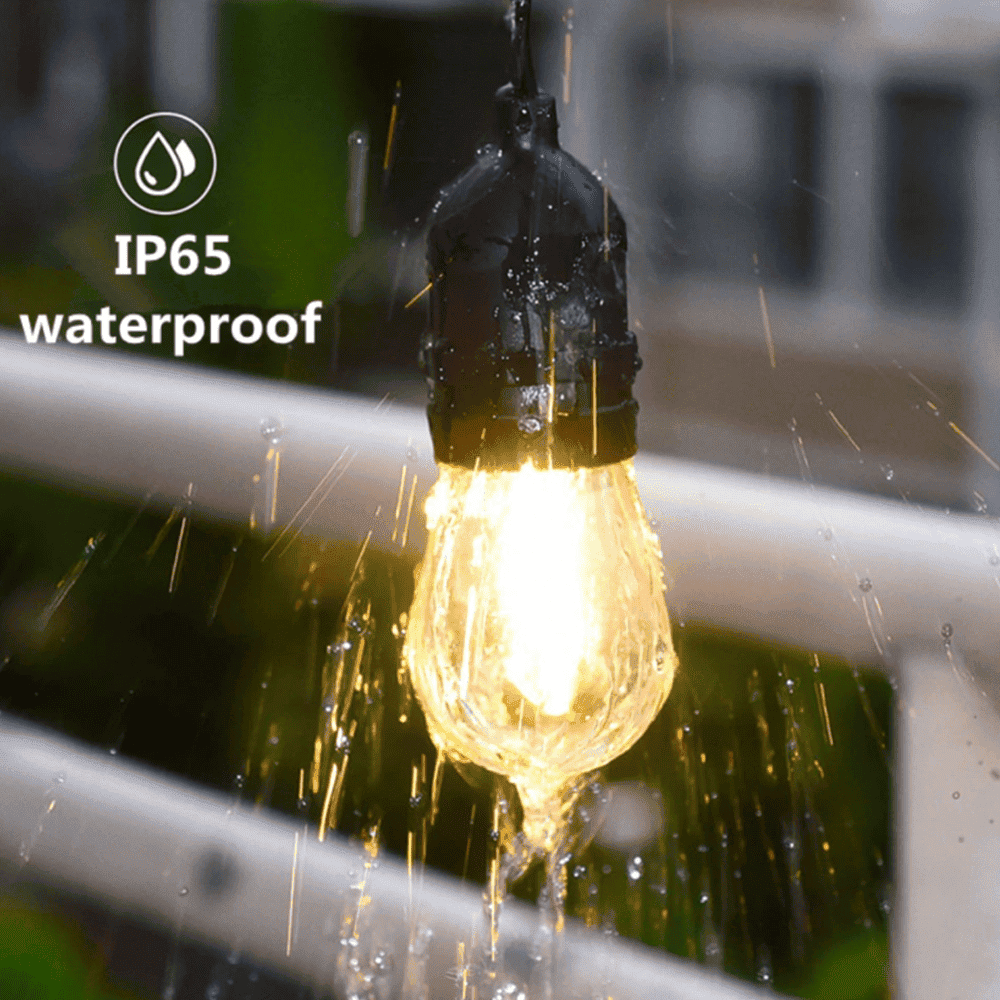 Outdoor Landscape Lighting LED 12V Low Voltage Brilliance SLB101 LED Line Voltage Bistro String Lights 48 FT Outdoor Weatherproof 120VAC 24 S14 2.5W, 2700K Edison Bulbs, 2-Way Mounting Holes
