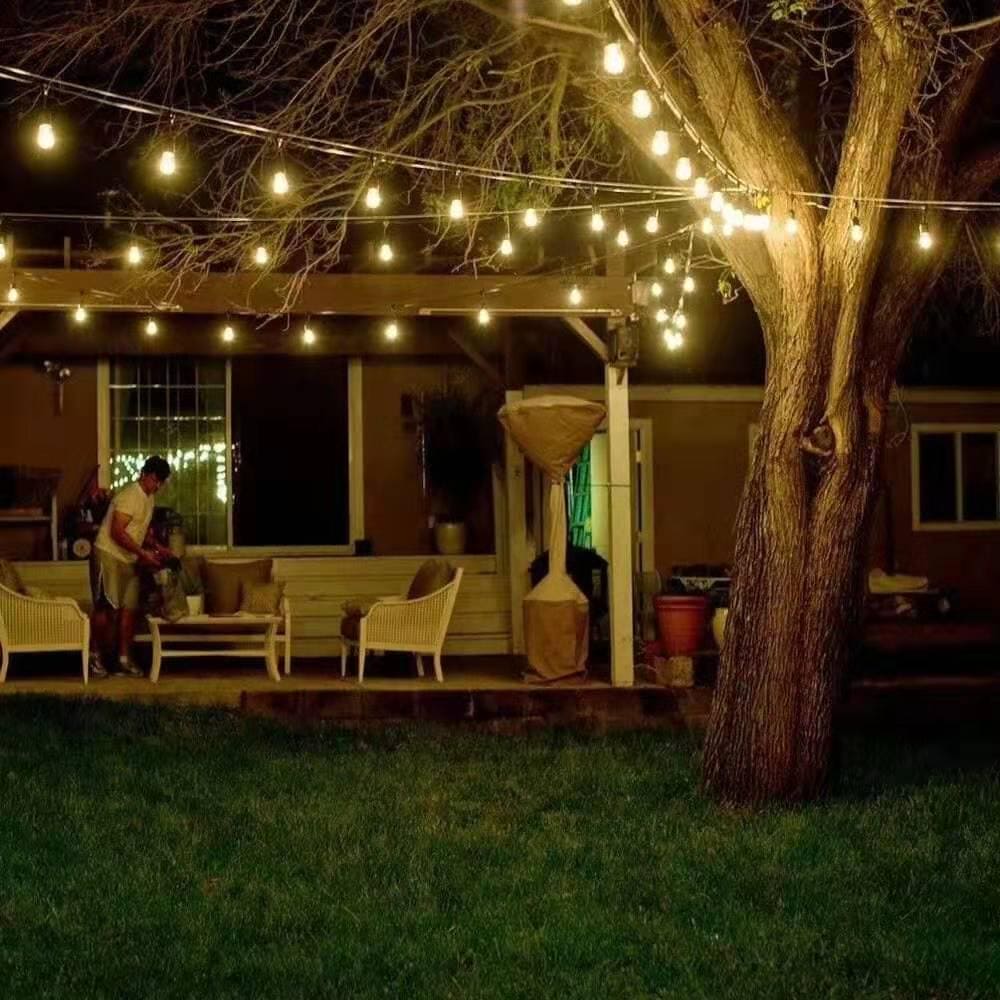 Outdoor Landscape Lighting LED 12V Low Voltage Brilliance SLB101 LED Line Voltage Bistro String Lights 48 FT Outdoor Weatherproof 120VAC 24 S14 2.5W, 2700K Edison Bulbs, 2-Way Mounting Holes
