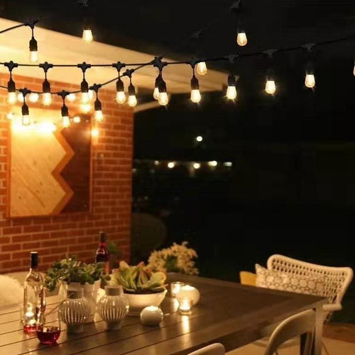 Outdoor Landscape Lighting LED 12V Low Voltage Brilliance SLB101 LED Line Voltage Bistro String Lights 48 FT Outdoor Weatherproof 120VAC 24 S14 2.5W, 2700K Edison Bulbs, 2-Way Mounting Holes